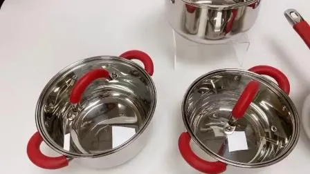Red Silicone Handle Stainless Steel Cooking Pots Kitchen Ware Pot and Pan Set Cookware Sets